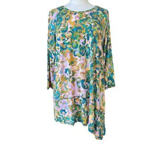 LOGO Lori Goldstein Morgan Tunic Top Green Pink Asymmetrical Hem Lagenlook-L